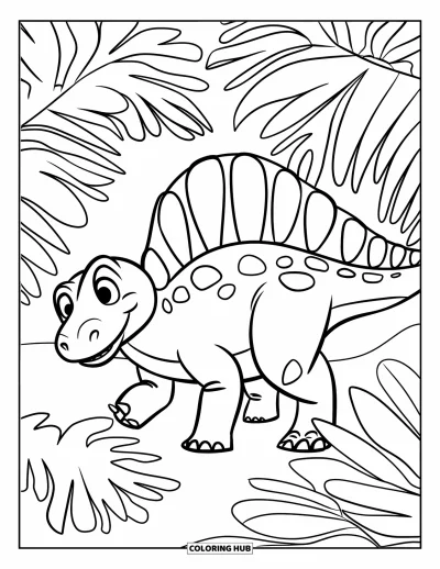 Coloriage de Spinosaurus pour enfants : Un Spinosaurus se promène joyeusement dans une forêt de grandes fougères