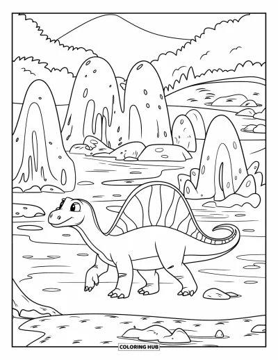 Coloriage de Spinosaurus pour enfants : Un Spinosaurus se promène près de sources chaudes avec des eaux rocheuses et des arbres au loin