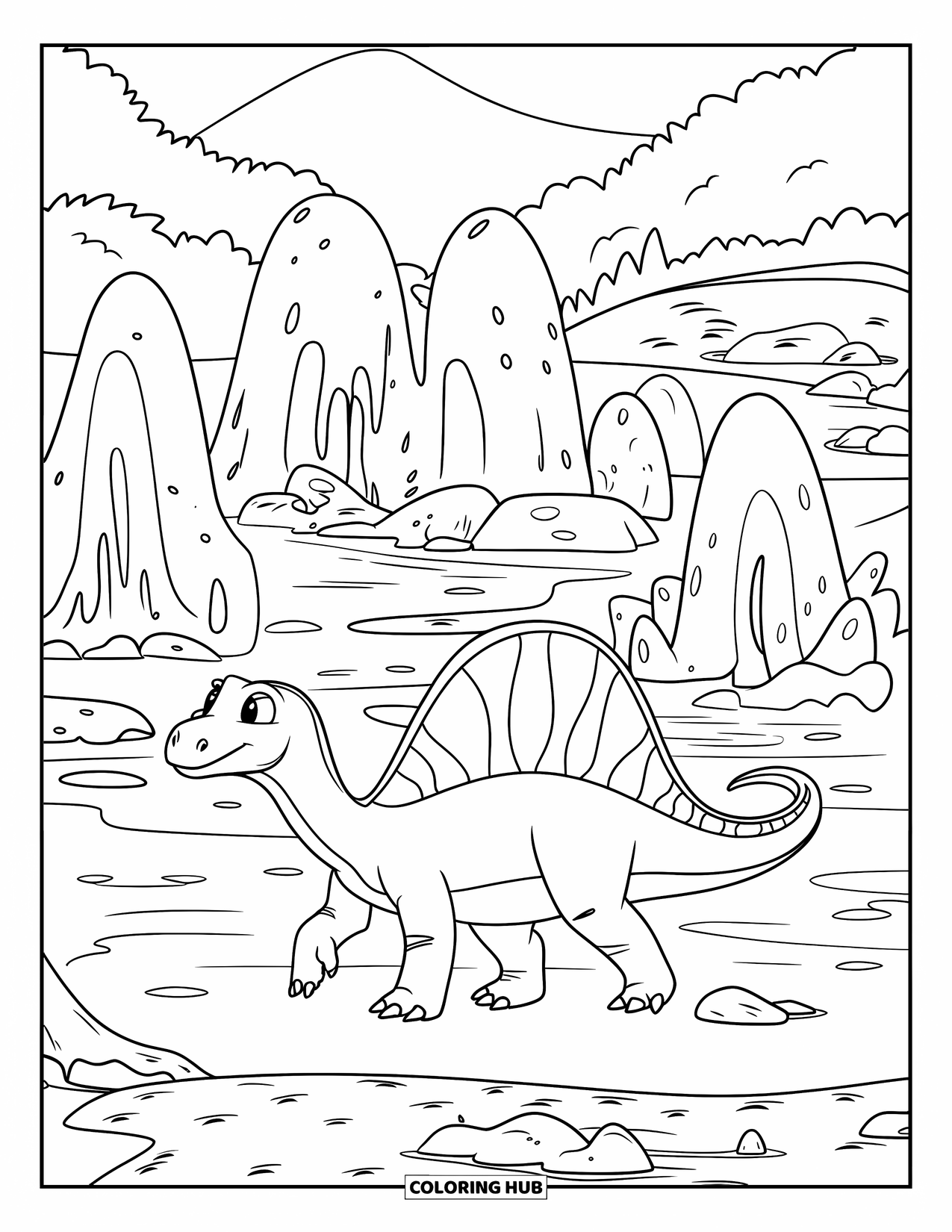 Spinosaurus Coloring Page for Kids: Spinosaurus strolls past hot springs with rocky water and distant trees