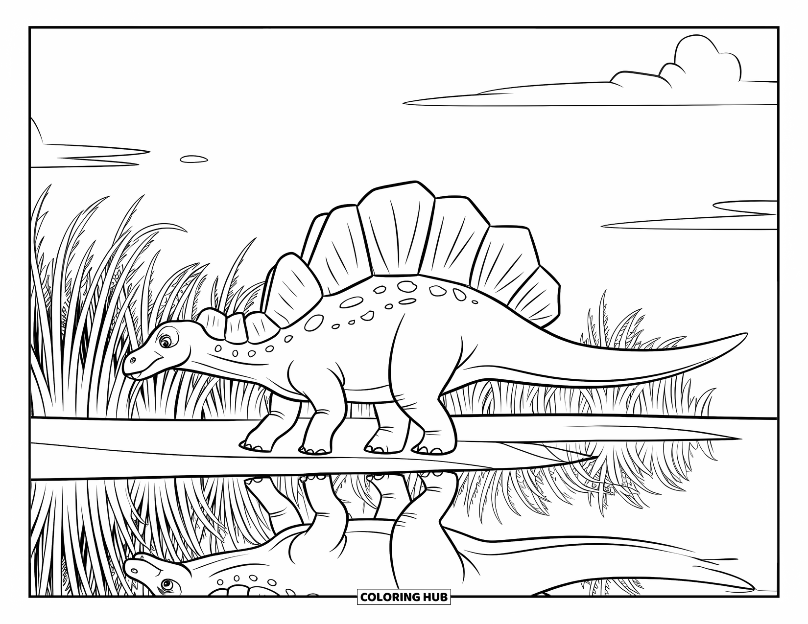Spinosaurus Coloring Page for Kids: Spinosaurus strolls through waving grasses near a calm lake
