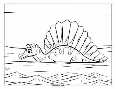 Coloriage de Spinosaurus pour enfants : Un Spinosaurus nageant avec seulement sa voile et son museau au-dessus des vagues