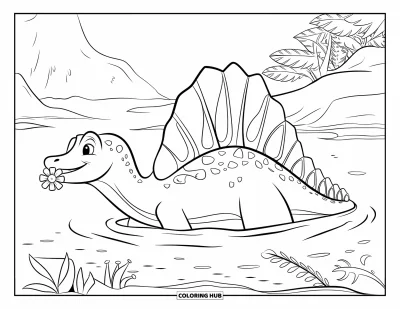 Coloriage de Spinosaurus pour enfants : Un Spinosaurus nage avec une fleur dans la gueule près de plantes aquatiques