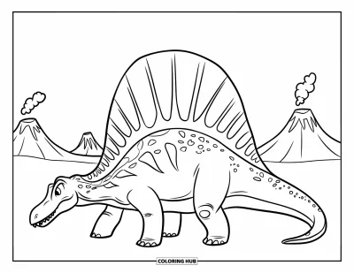 Coloriage de Spinosaurus pour enfants : Un Spinosaurus imposant près de volcans fumants, avec des dents acérées et un long cou