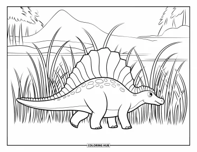 Coloriage de Spinosaurus pour enfants : Un Spinosaurus marchant dans de hautes herbes avec sa voile dorsale bien visible