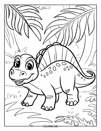 Coloriage de Spinosaurus pour enfants : Un Spinosaurus marche gaiement parmi d'immenses fougères préhistoriques