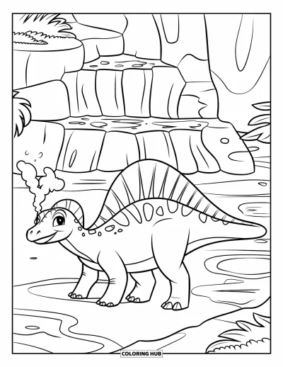 Coloriage de Spinosaurus pour enfants : Un Spinosaurus passe devant des sources chaudes fumantes dans un paysage rocheux