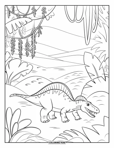Coloriage de Spinosaurus pour enfants : Un Spinosaurus traverse une forêt tropicale luxuriante avec des lianes pendantes et de grandes feuilles
