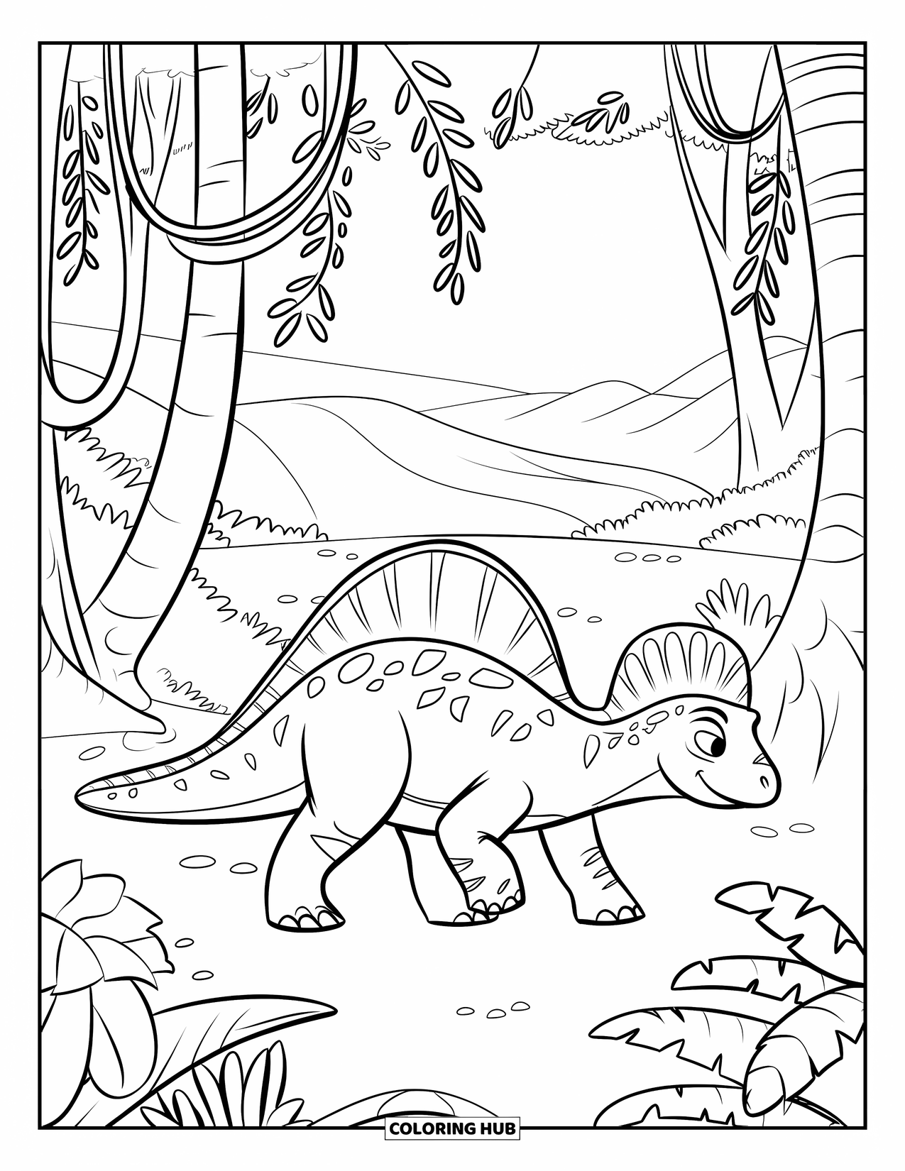Spinosaurus Coloring Page for Kids: Spinosaurus wanders among wide-trunk trees and rolling hills in a rainforest