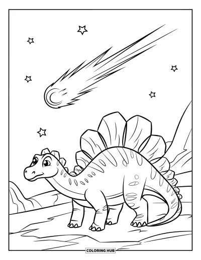 Coloriage de Spinosaurus pour enfants : Un Spinosaurus observe une comète tracer sa trajectoire dans un ciel nocturne rocheux