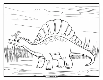 Coloriage de Spinosaurus pour enfants : Un Spinosaurus avec un oiseau sur le museau, debout près de hautes herbes de marais