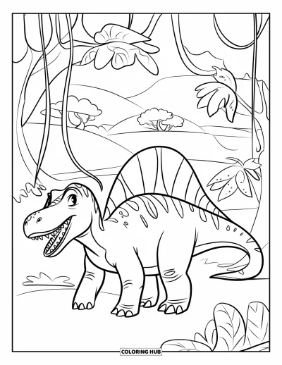 Coloriage de Spinosaurus pour enfants : Un Spinosaurus au sourire dentelé marche sous des lianes et de grands arbres