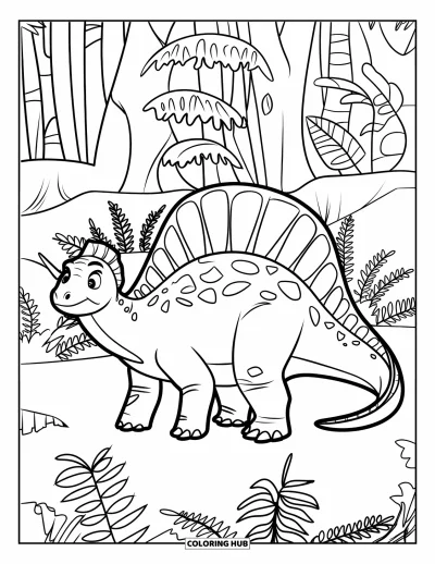 Coloriage de Spinosaurus pour enfants : Un Spinosaurus avec crête et épines sur la queue, debout dans une forêt de fougères