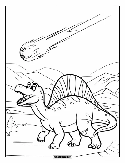 Coloriage de Spinosaurus pour enfants : Un Spinosaurus la gueule ouverte, les yeux fixés sur une comète dans le ciel