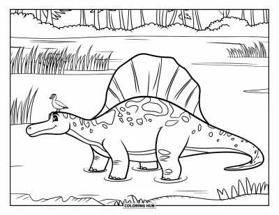 Coloriage de Spinosaurus pour enfants : Un Spinosaurus avec voile dorsale et oiseau sur le museau dans un marais paisible