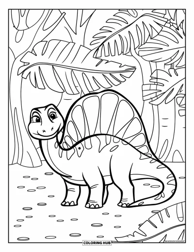 Coloriage de Spinosaurus pour enfants : Un Spinosaurus fièrement dressé dans une forêt de grandes fougères préhistoriques