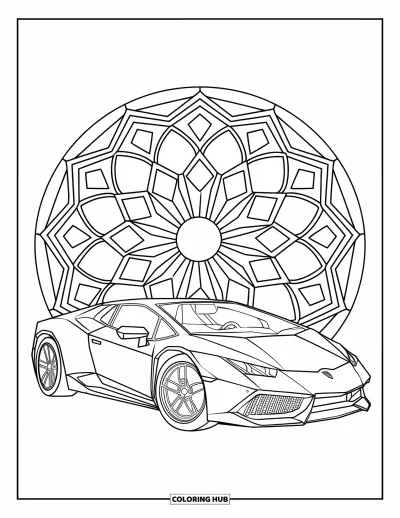 Dibujo de autos deportivos para colorear para adultos: Un auto deportivo llamativo está acompañado de patrones de mandala en capas circulares