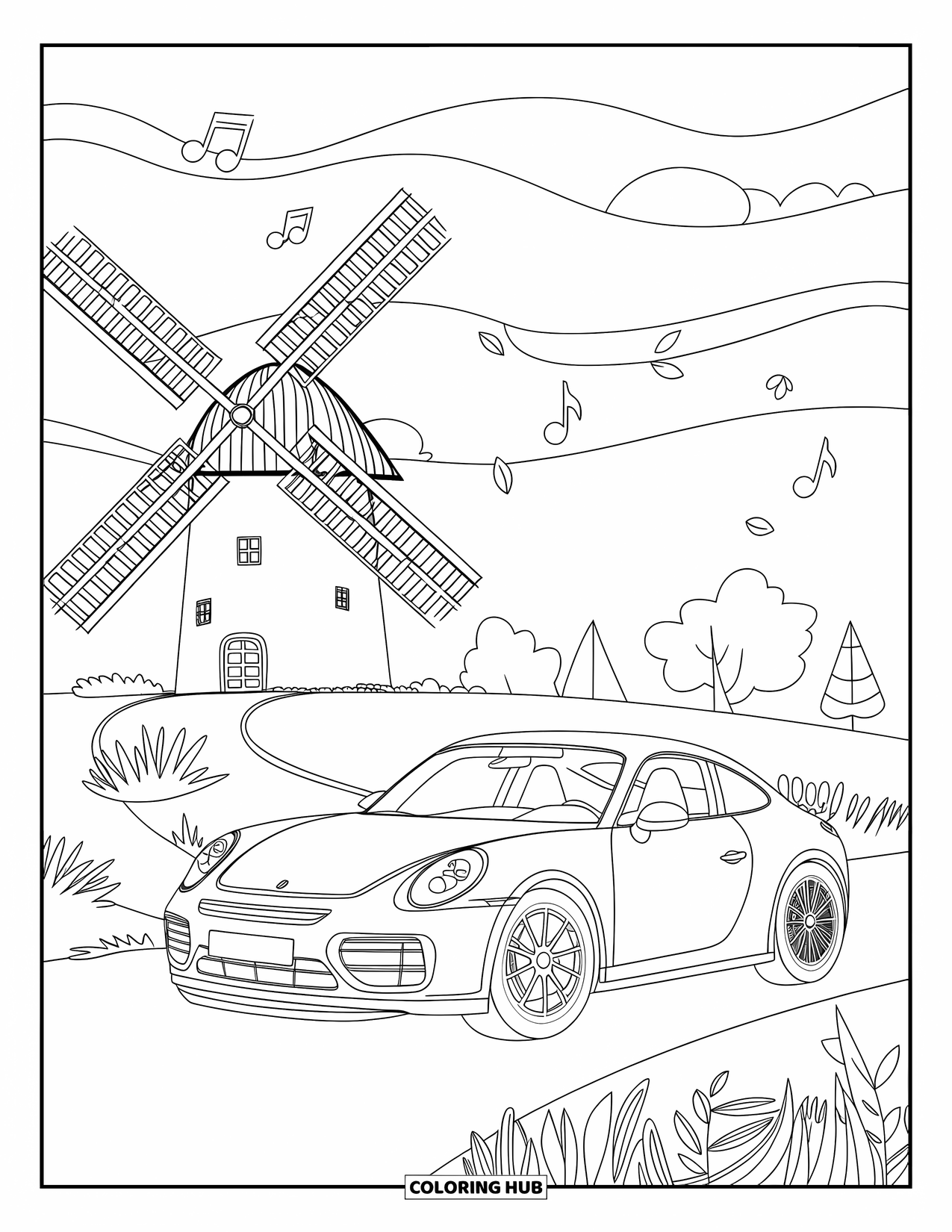 Sports Car Coloring Page for Adults: A car rolls by a broken-blade windmill with swirling winds and scattered leaves