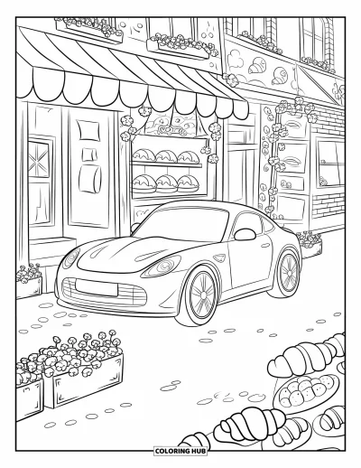 Dibujo de autos deportivos para colorear para adultos: Un alegre auto descansa junto a un puesto de panadería con croissants y cajas llenas de flores
