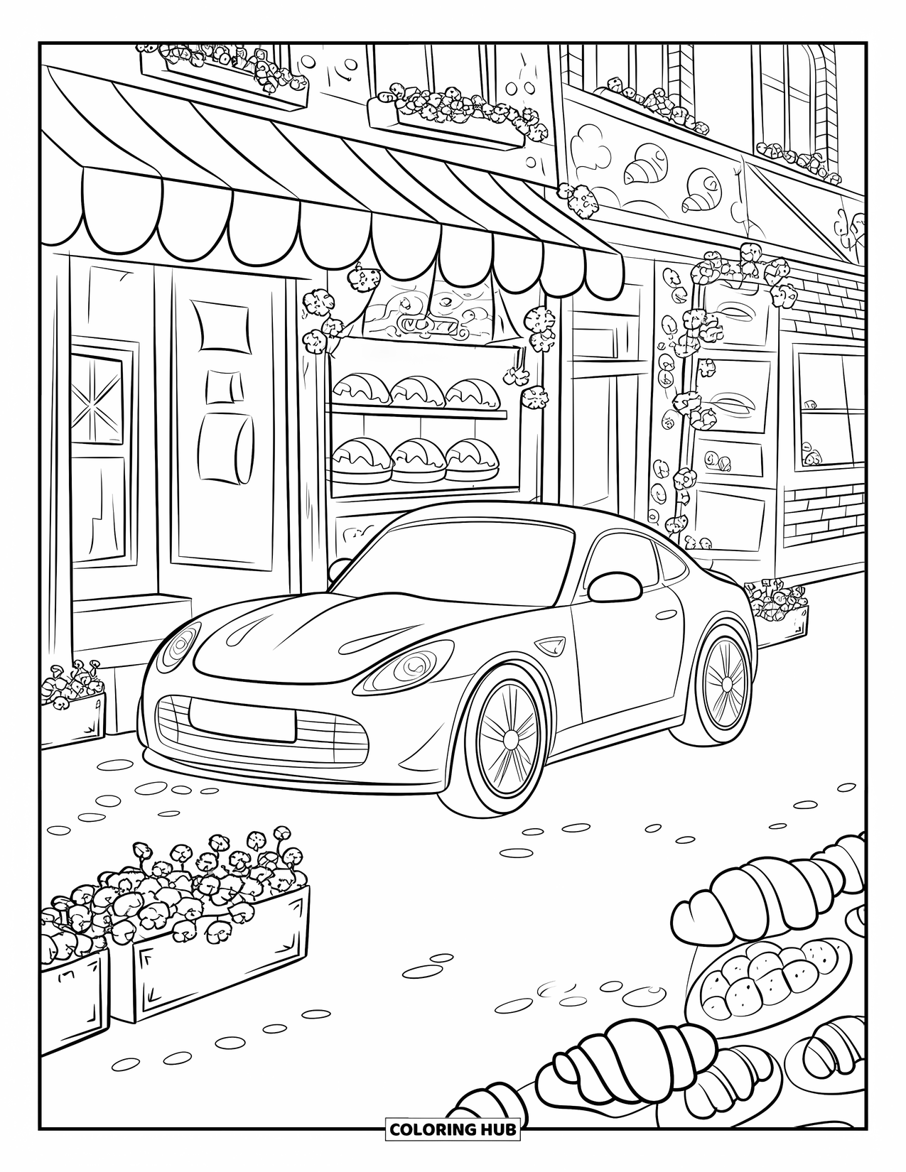 Sports Car Coloring Page for Adults: A cheerful car rests by a bakery stand with croissants and flower-filled boxes