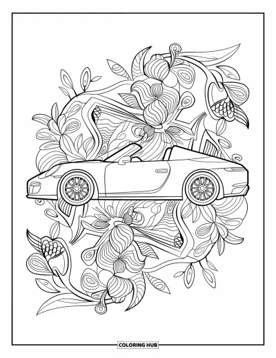 Dibujo de autos deportivos para colorear para adultos: Un descapotable descansa entre elegantes flores y enredaderas con hojas