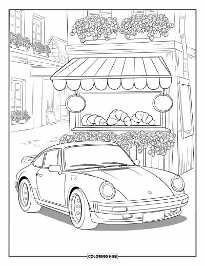 Dibujo de autos deportivos para colorear para adultos: Un auto encantador estaciona en un callejón lleno de letreros suaves, croissants y cajas de flores