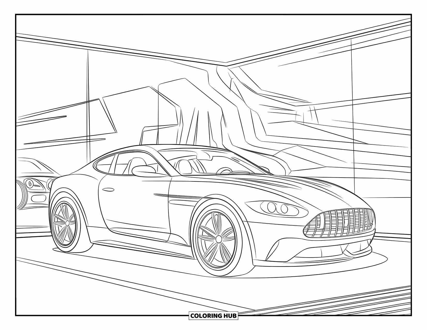 Sports Car Coloring Page for Adults: A curved sports car reflects on the shiny auto show floor beneath it