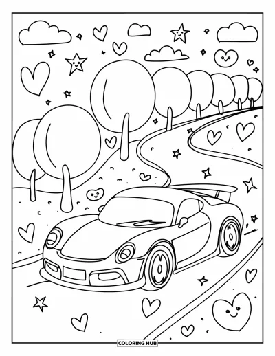 Dibujo de autos deportivos para colorear para adultos: Un adorable auto desliza por un camino arbolado rodeado de corazones flotantes y nubes