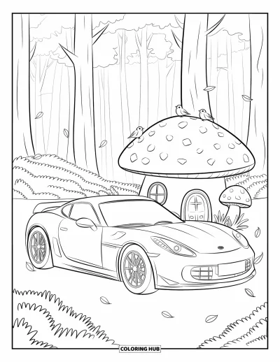 Dibujo de autos deportivos para colorear para adultos: Un adorable auto descansa junto a una casa de setas en un bosque de árboles suaves