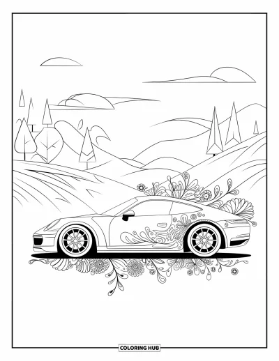 Dibujo de autos deportivos para colorear para adultos: Un auto detallado se asienta entre enredaderas ondulantes y flores bajo un cielo de montaña