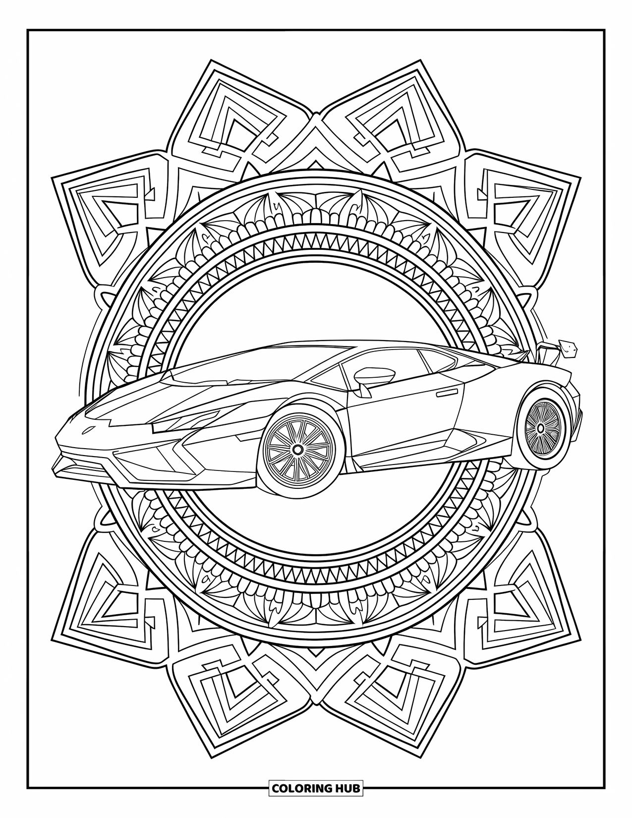 Sports Car Coloring Page for Adults: A detailed sports car sits at the center of bold, geometric mandala patterns