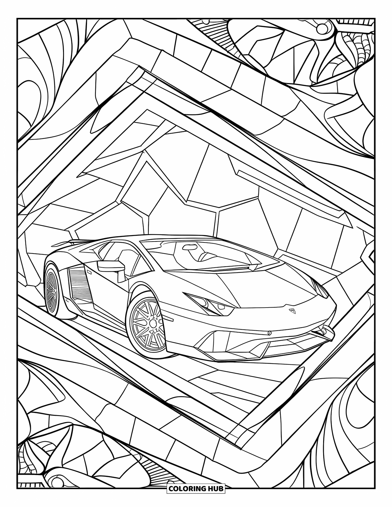 Sports Car Coloring Page for Adults: A detailed sports car sits inside an artistic window full of angles and patterns