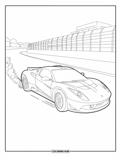 Dibujo de autos deportivos para colorear para adultos: Un auto en derrape lanza humo cerca de edificios y una pista vallada