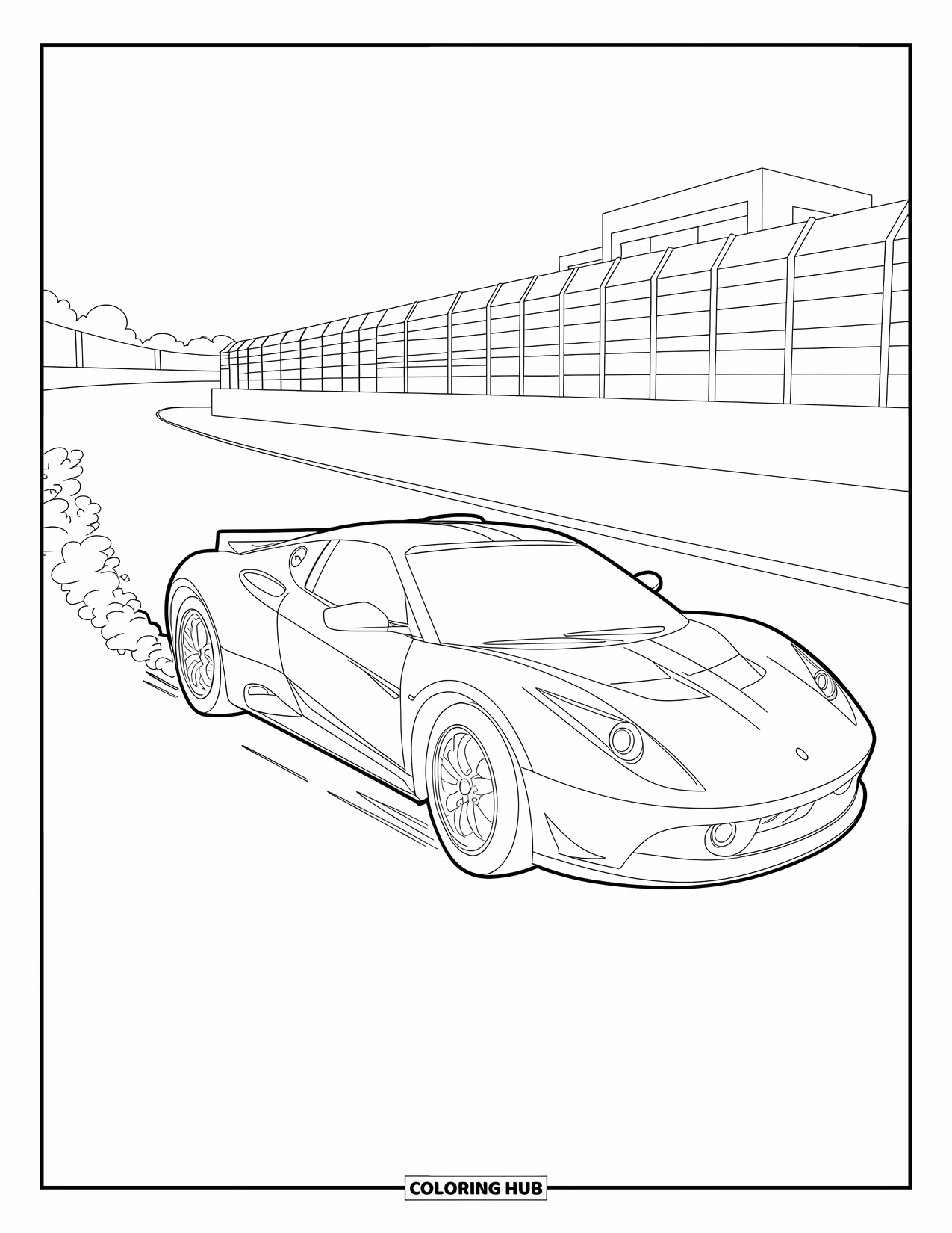 Sports Car Coloring Page for Adults: A drifting car sends smoke flying near buildings and a fenced track
