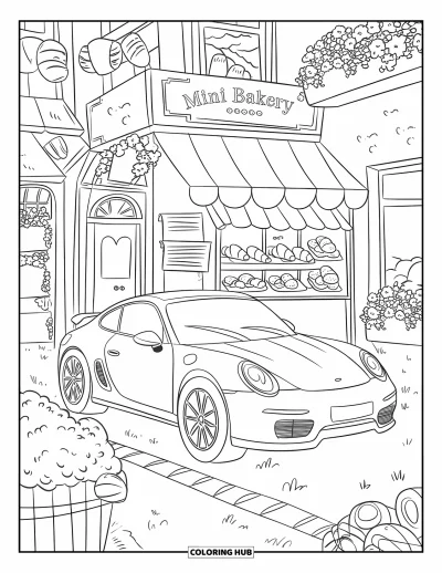 Dibujo de autos deportivos para colorear para adultos: Un auto simpático estaciona cerca de una pequeña panadería con croissants, flores y letreros acogedores