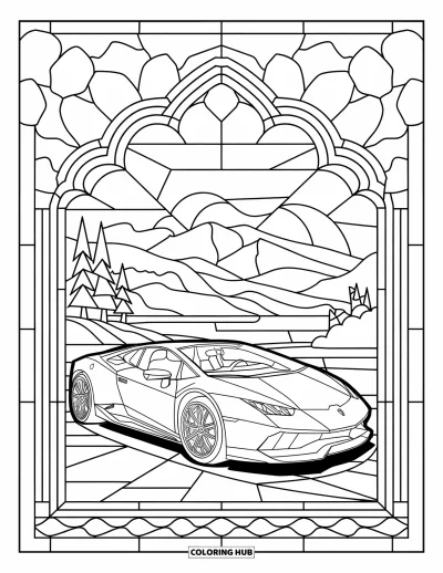Dibujo de autos deportivos para colorear para adultos: Un auto deportivo brillante aparece en un marco con ventanas junto a árboles y montañas