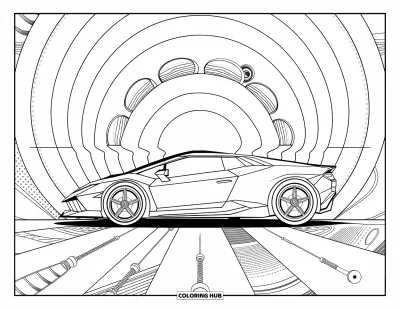 Dibujo de autos deportivos para colorear para adultos: Un auto de perfil bajo está rodeado de anillos punteados y garabatos mecánicos dispersos