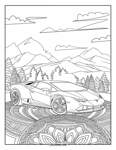 Dibujo de autos deportivos para colorear para adultos: Un auto de perfil bajo destaca entre mandalas intrincados y un sereno paisaje de montaña