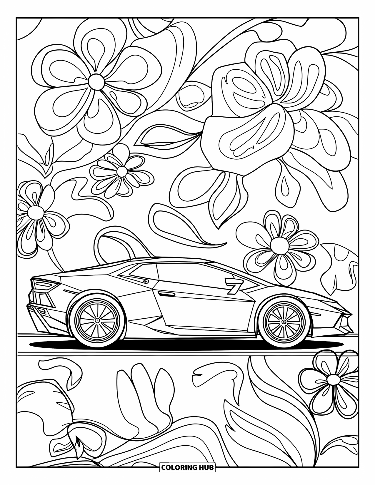 Sports Car Coloring Page for Adults: A parked car is framed by swirling flower and vine details in an artistic layout