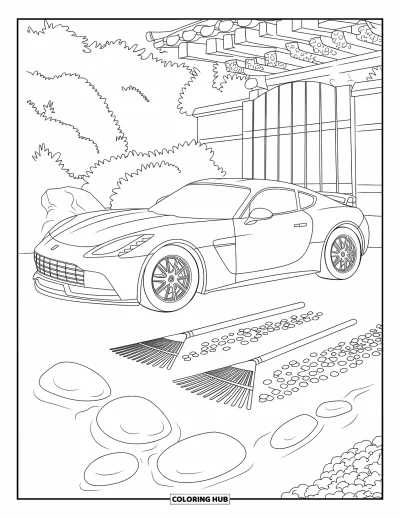 Dibujo de autos deportivos para colorear para adultos: Un auto deportivo estacionado descansa en paz en un jardín con patrones de arena y piedras