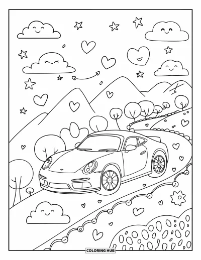 Dibujo de autos deportivos para colorear para adultos: Un auto de ruedas abultadas sube una colina con corazones, estrellas y nubes sonrientes