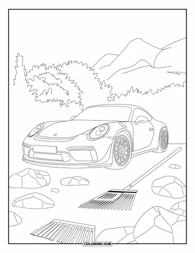Dibujo de autos deportivos para colorear para adultos: Un tranquilo jardín zen rodea un auto deportivo estacionado bajo árboles y montañas