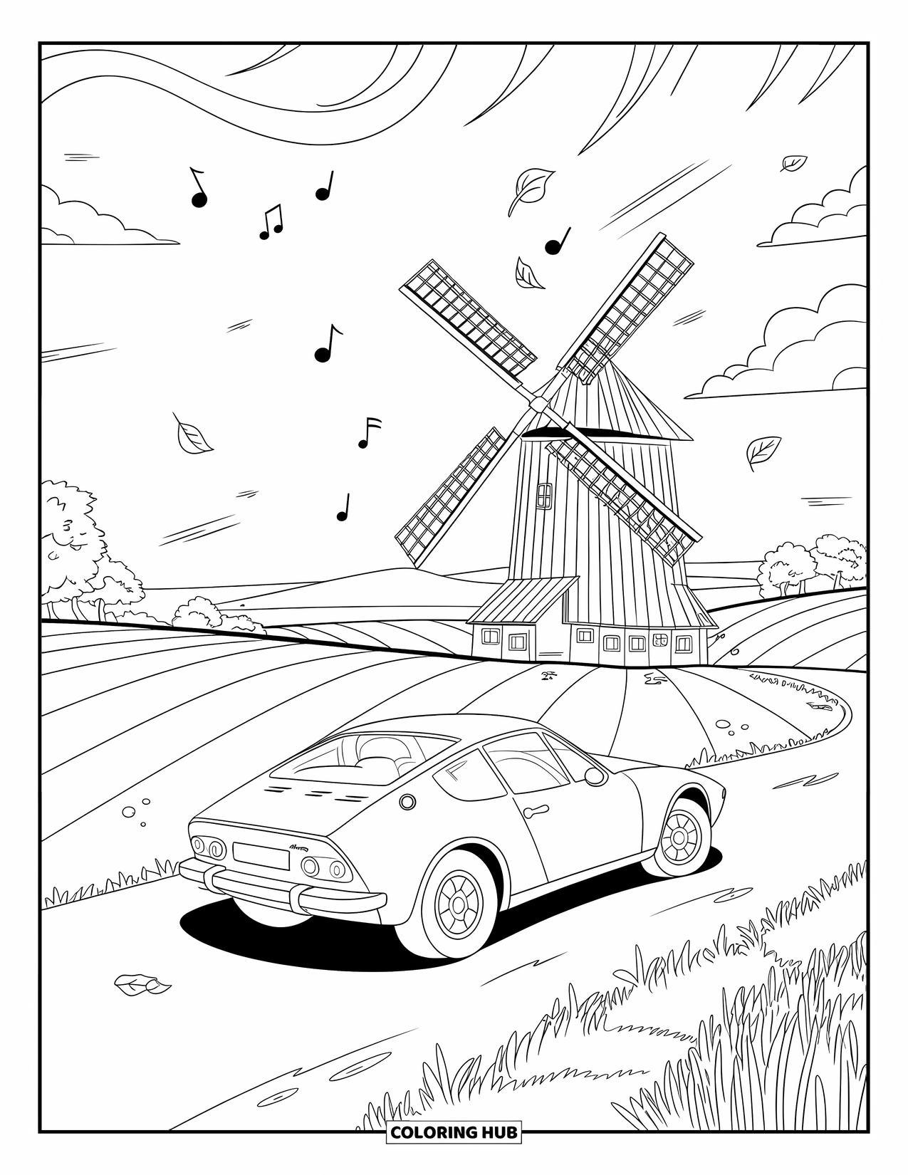 Sports Car Coloring Page for Adults: A red car cruises toward a windmill among hills, trees, and floating leaves