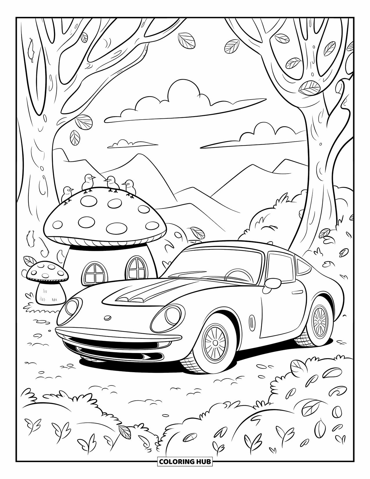 Sports Car Coloring Page for Adults: A round car parks beside a mushroom house under a calm sky with falling leaves