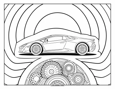 Dibujo de autos deportivos para colorear para adultos: Un auto deportivo de líneas angulosas está rodeado de engranajes con patrones y círculos decrecientes