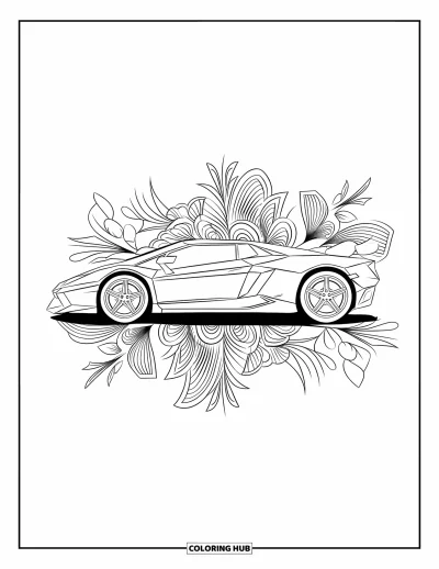 Dibujo de autos deportivos para colorear para adultos: Un auto elegante y aerodinámico está rodeado de flores arremolinadas y detalladas enredaderas con hojas