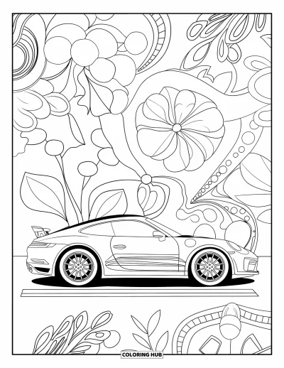 Dibujo de autos deportivos para colorear para adultos: Un auto deportivo elegante descansa cerca de flores arremolinadas y enredaderas a lo largo de una calle marcada
