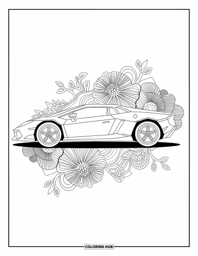 Dibujo de autos deportivos para colorear para adultos: Un auto deportivo visto de lado destaca entre enredaderas ondulantes y remolinos florales