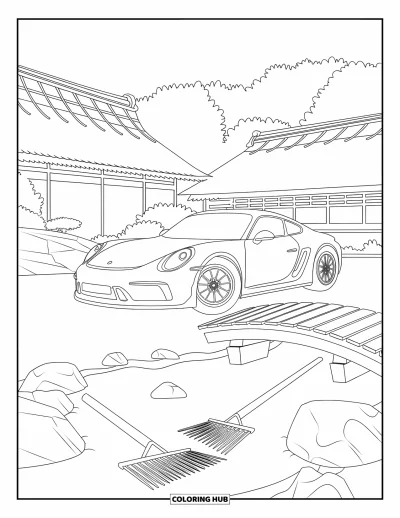 Dibujo de autos deportivos para colorear para adultos: Un auto elegante descansa junto a un puente y un estanque en un tranquilo jardín japonés