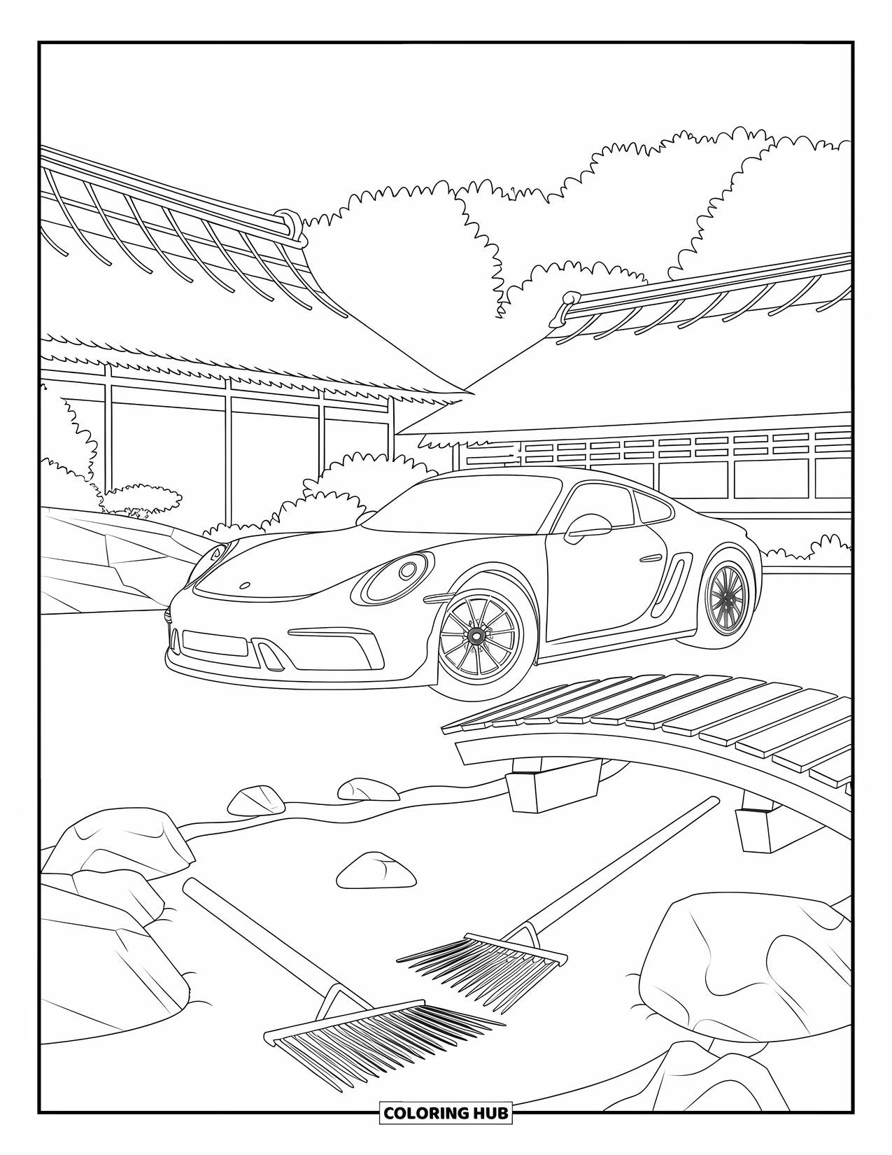 Sports Car Coloring Page for Adults: A sleek car rests by a bridge and pond in a peaceful Japanese garden