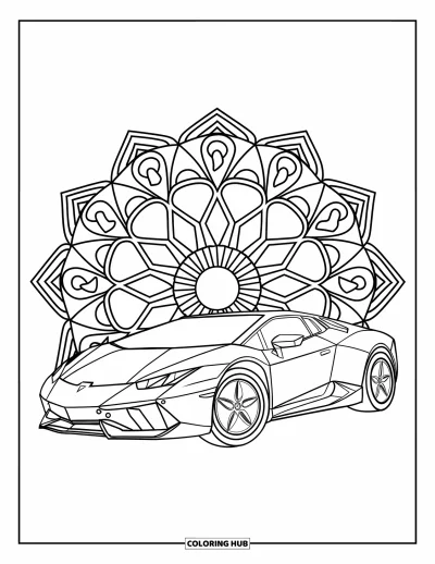 Dibujo de autos deportivos para colorear para adultos: Un auto elegante y anguloso descansa frente a diseños de mandala simétricos